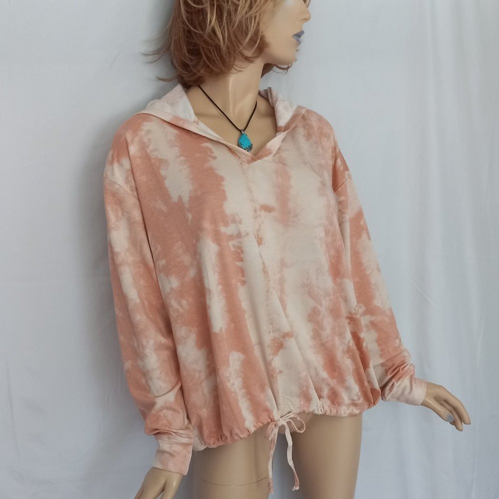 Nwt FRED DAVID Stretchy Coral/Pink Drawstring Hem Hooded Sweatshirt Top Sz 2X - Picture 3 of 7